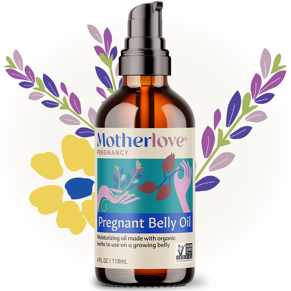 Pregnant Belly Oil 4 oz pump bottle with herb graphics behind bottle