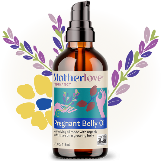 Pregnant Belly Oil 4 oz pump bottle with herb graphics behind bottle