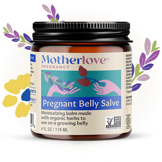 Pregnant Belly Salve 4oz jar with herb graphics behind